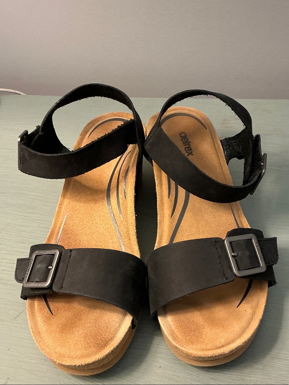 Aetrex Black Suede Buckle Strap Sandals